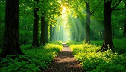 Obraz premium Sun-dappled forest path winding through lush green trees, sunlight filtering through leaves , landscape, winding, nature