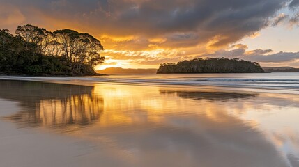 Tranquil Sunrise Reflecting on Sandy Beach in New Zealand; wide angle landscape of ocean, trees, and golden light
