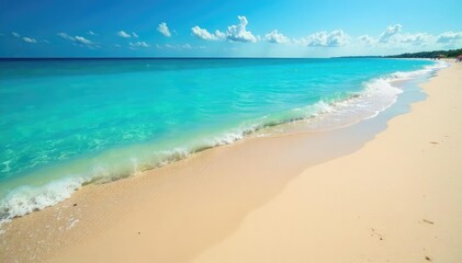 Obraz premium Sunny beach scene with clear blue water and golden sand Perfect summer vacation background , ocean, shore