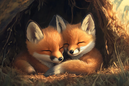 Two fox kits cuddling in a cozy den warm sunlight