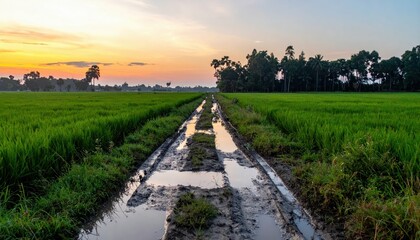 Sunset Over a Green Rice Field with Waterlogged Pathway and Trees