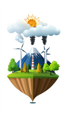 Eco-friendly island featuring sun, wind turbines, and a mountain