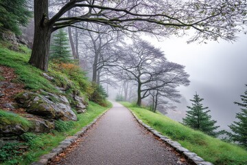 Obraz premium A fallen tree on a foggy path surrounded by moss-covered trees and mist