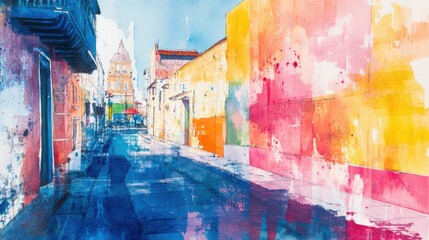 Colorful Watercolor Painting of a Narrow Street in San Miguel de Allende Mexico with Church Tower in Distance