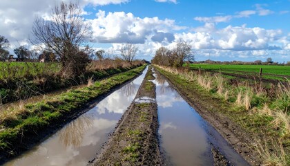 Fototapeta premium Rural Wet Pathway Amidst Fields and Blue Sky with Clouds