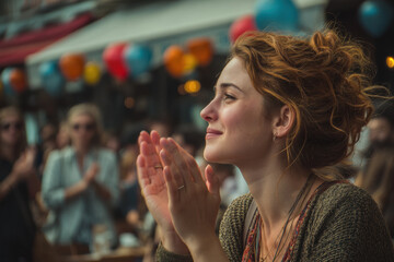 Woman seated at table, clapping.