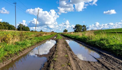 Fototapeta premium Scenic Country Dirt Road with Puddles and Blue Sky Reflections