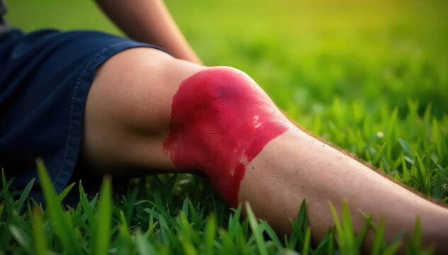 Close-up of a bandaged knee, blood visible, on a grass field , closeup, physiotherapy, football