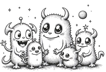 Obraz premium Cheerful alien monsters coloring page with stars and planets backgroun