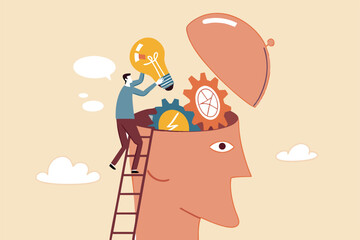 Upskill, learn new things or knowledge development for new skill and improve job qualification concept, man putting light bulb ideas, books and rocket booster into human head to upgrade working skill.