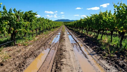 Obraz premium Fresh Vineyard Landscape with Muddy Path and Blue Sky Above