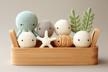 A group of crochet sea creature dolls including octopus starfish and fish in a basket