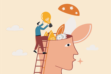 Upskill, learn new things or knowledge development for new skill and improve job qualification concept, man putting light bulb ideas, books and rocket booster into human head to upgrade working skill.