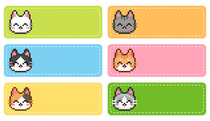 A name tag with cat pixel art like the memo illustration set. Sticky kitty labels set for kid name. Kindergarten, daycare, paper, animal icon, animal character. 