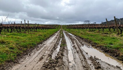 Obraz premium Muddy Path Through Vineyard Under Cloudy Sky in Winter Season