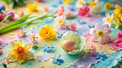Spring Easter Floral Background: Torn Paper with Pastel Flowers & Tilt-Shift Effect