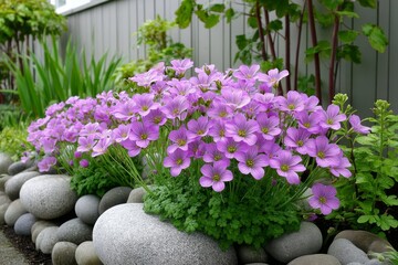 A lush garden full of blooming rock cress cascading over rocks and borders