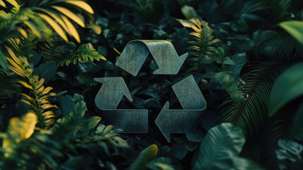 A recycle symbol, weathered, lies amidst lush green foliage, promoting nature
