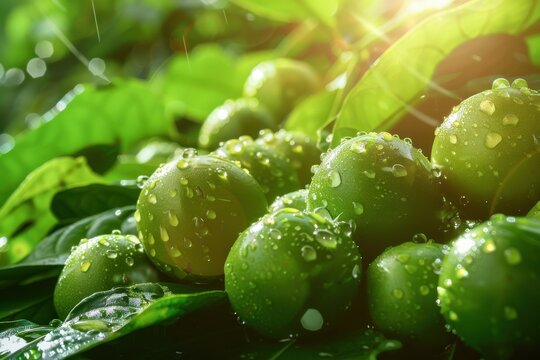 Fresh sambung nyawa (krokot) fruit, small and round, vibrant green skin, placed on a bed of fresh green leaves, 