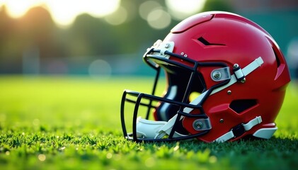 Fototapeta premium Close-up of football helmet on athletic field turf, helmet, brown, competition