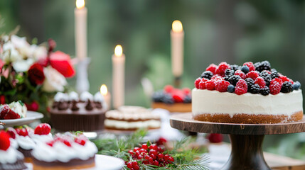Festive dessert table with cakes, berries, candles, and floral arrangements
