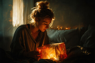 Woman sitting on bed holding a lit candle.