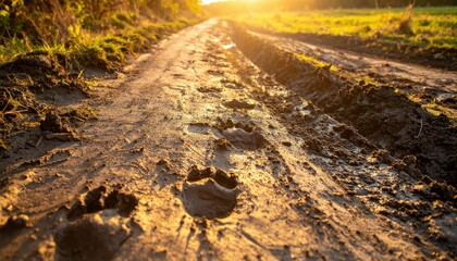Sunlit Dirt Path With Animal Tracks at Dusk in Rural Landscape