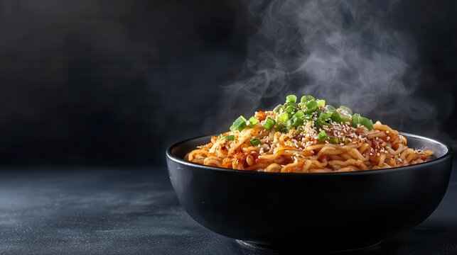 Korean buldak fire noodles with chili flakes and steam rising, ultimate spice level