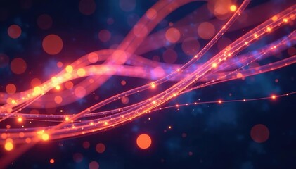 Close-up of strands of illuminated optical fiber, showcasing their vibrant glow and intricate network , optic fiber network, telecommunications network, communication
