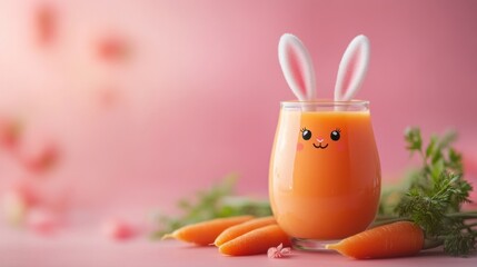 Cute carrot juice in glass with bunny ears and smiling face against soft pink background, festive and cheerful vibe