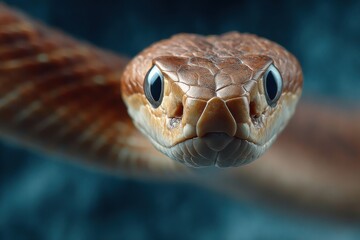 Fototapeta premium Serpent closeup portrait displaying scales, eyes, and facial features on soft teal backdrop in studio environment