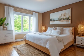 Fototapeta premium Bedroom Interior Design, Bed with White Linens and Textured Rug, Brown Accents, Lamps