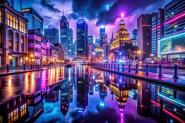 Obraz premium Stunning Night Cityscape Panorama: Glowing Skyline, Urban Lights Background