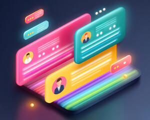 Colorful isometric mobile phone with glowing chat bubbles and user profiles