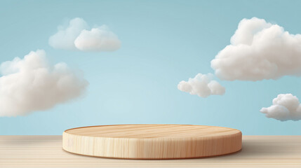 Wooden platform on a light surface with fluffy clouds against a blue sky backdrop