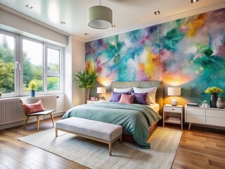 Fototapeta premium Stylish Bedroom Interior: Abstract Watercolor Wallpaper Design