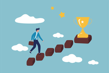 Success in business, career opportunity or business growth to reach target concept, smart successful businessman step up on wooden stairs to reach winner achievement trophy on top of the stair case.