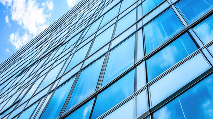 Abstract view of a modern skyscraper's glass facade against a bright blue sky