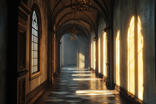 Sunlit hallway in an old grand mansion arched ceilings and diamond patterned floor