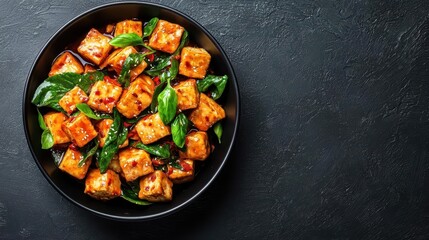 Spicy Asian stirfried tofu with red chili sauce, plated in a sleek modern dish