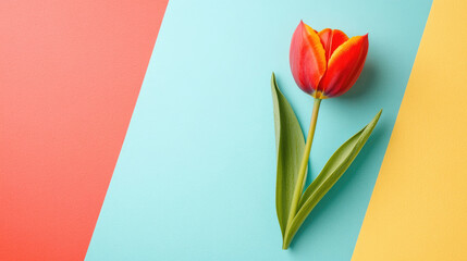 A vibrant red and yellow tulip on a tri-color background