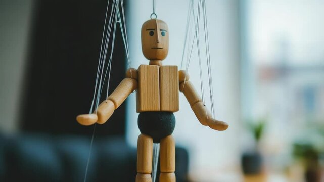 A wooden puppet suspended by strings, symbolizing control and manipulation in a serene indoor setting.