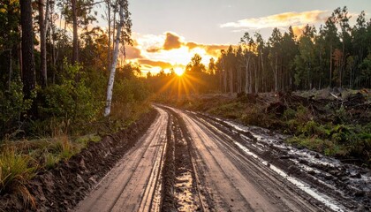 Fototapeta premium Muddy Forest Road at Sunset with Scenic View of Nature's Beauty