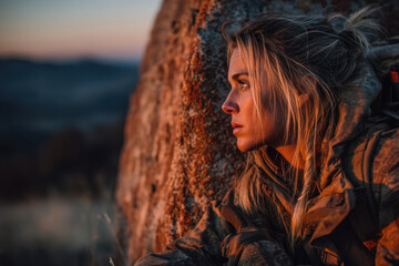 Woman in camo jacket gazes over rocky landscape.