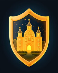 A golden shield features a illuminated castle beneath a starry night sky