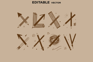 Collection of Brown Pencils Arranged in Creative Cross and Arrow Designs