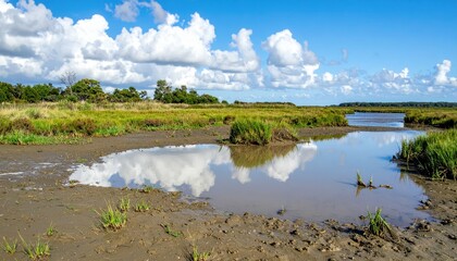 Serene Marsh Landscape with Reflective Water and Cloudy Sky