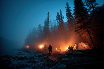 A man standing next to a tent in the fog.