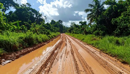 Obraz premium Muddy rural road through lush jungle under bright blue sky