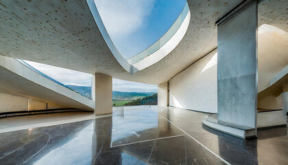 Fototapeta premium Modernist museum interior featuring grand empty spaces and minimalist walls, showcasing stunning architectural design